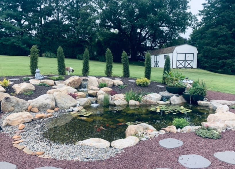 The completed koi pond with waterfall and twin spillway bowls